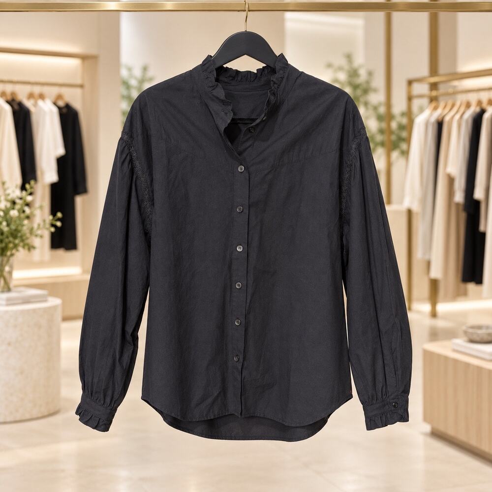 Xirena Colette Shirt Black Medium 100% Cotton Ruffle Collar Lace Inset Blouse